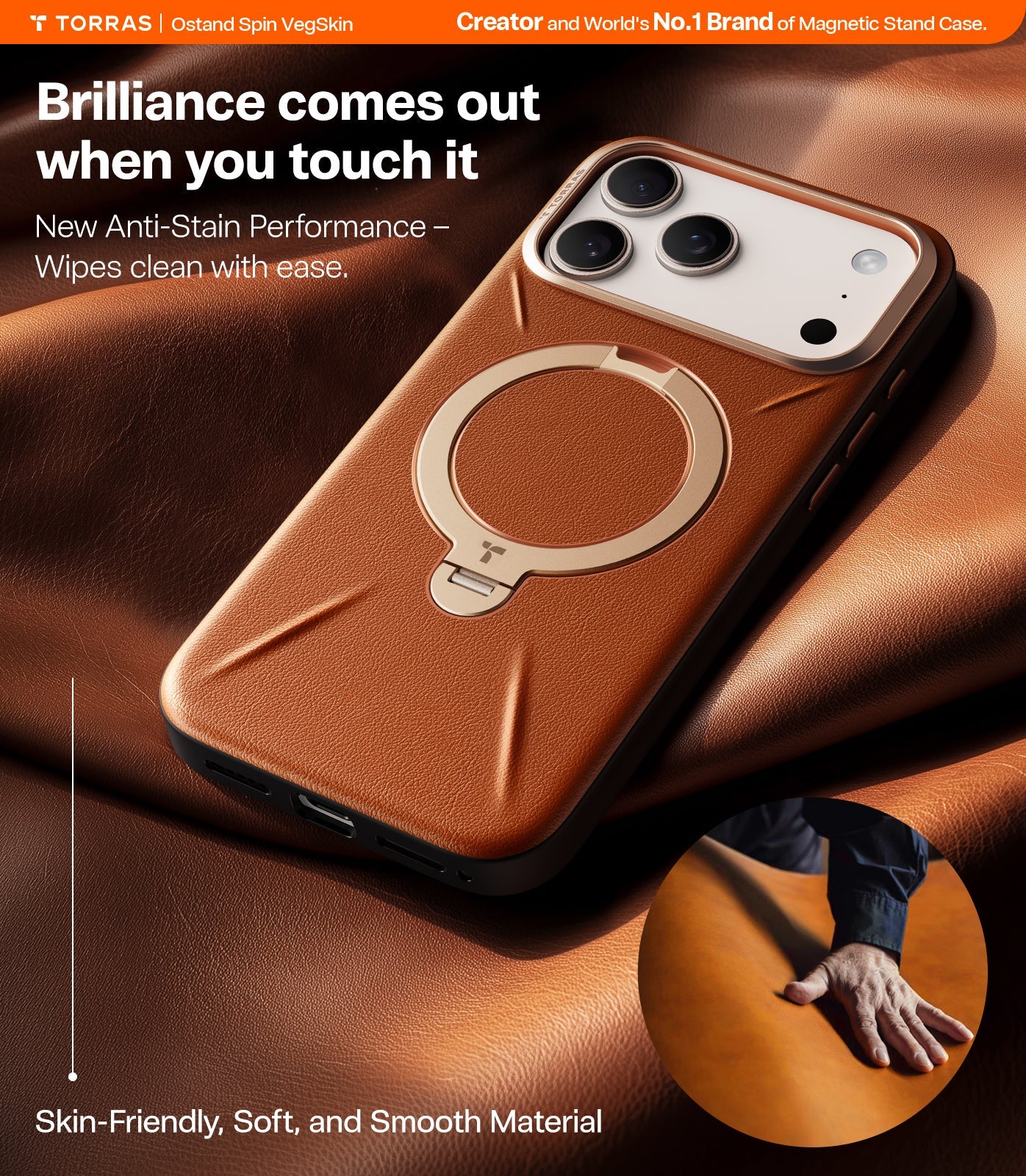 TORRAS Ostand Spin VegSkin Vegan Leather Case for iPhone 17 Pro - Amber Brown