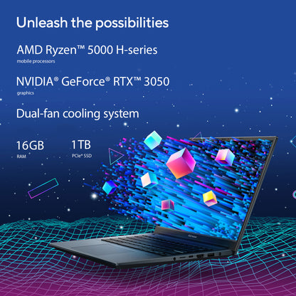 ASUS Vivobook Pro 15 OLED M3500QC-OLED0R7W Creator Laptop /AMD Ryzen R7-5800H/16GB RAM/1TB SSD/NVIDIA GeForce RTX 3050 4GB/15.6 Inch FHD (1920x1080) OLED/Windows 11 Home/Blue