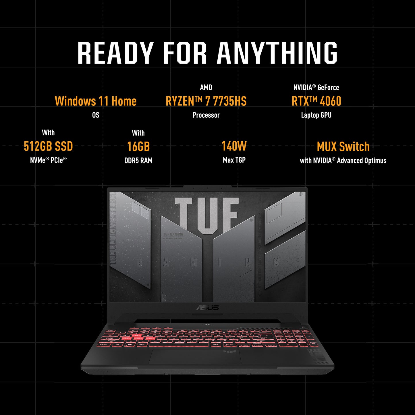 ASUS TUF Gaming Laptop A15 FA507NV-LP023W/AMD Ryzen R7-7735HS/16GB RAM/512GB SSD/NVIDIA GeForce RTX 4060 6GB/15.6 FHD(1920x1080)144Hz/1-Zone RGB/Win11 Home - Mecha Grey