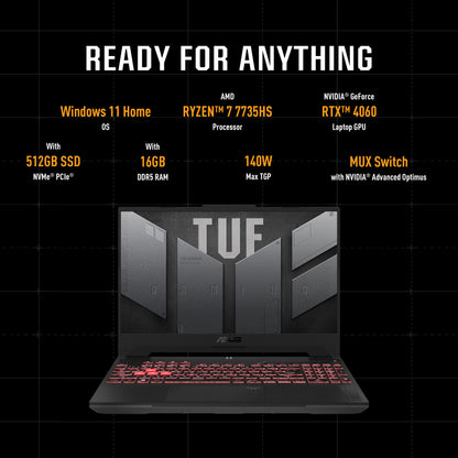 ASUS TUF Gaming Laptop A15 FA507NV-LP023W/AMD Ryzen R7-7735HS/16GB RAM/512GB SSD/NVIDIA GeForce RTX 4060 6GB/15.6 FHD(1920x1080)144Hz/1-Zone RGB/Win11 Home - Mecha Grey