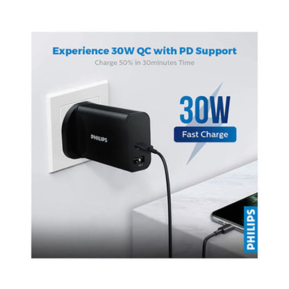 Philips Dual Port Wall Charger With Pd Support Black