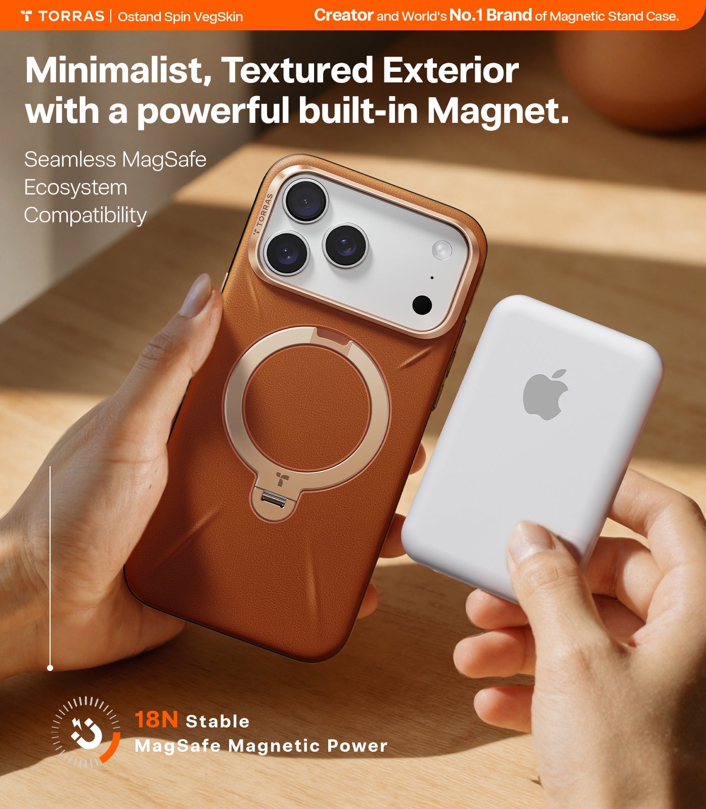 TORRAS Ostand Spin VegSkin Vegan Leather Case for iPhone 17 Pro - Amber Brown