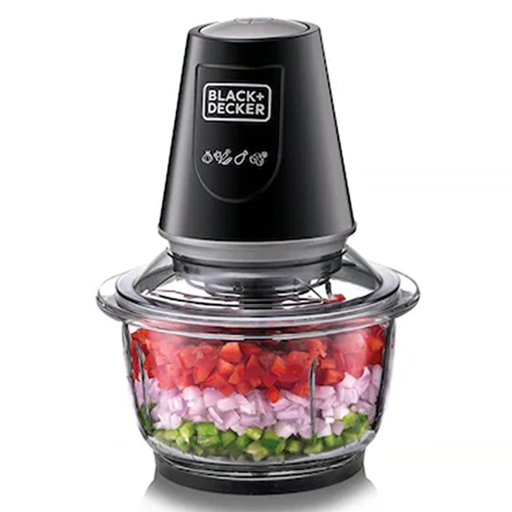 BLACK+DECKER 400W 1.2L Vertical Glass Chopper/Mincer XXL Glass Bowl Capacity With Removable Four Blade System Helps, Chop/Crush Ice/Mince/Grind/Puree Variety Of Ingredients GC400-B5