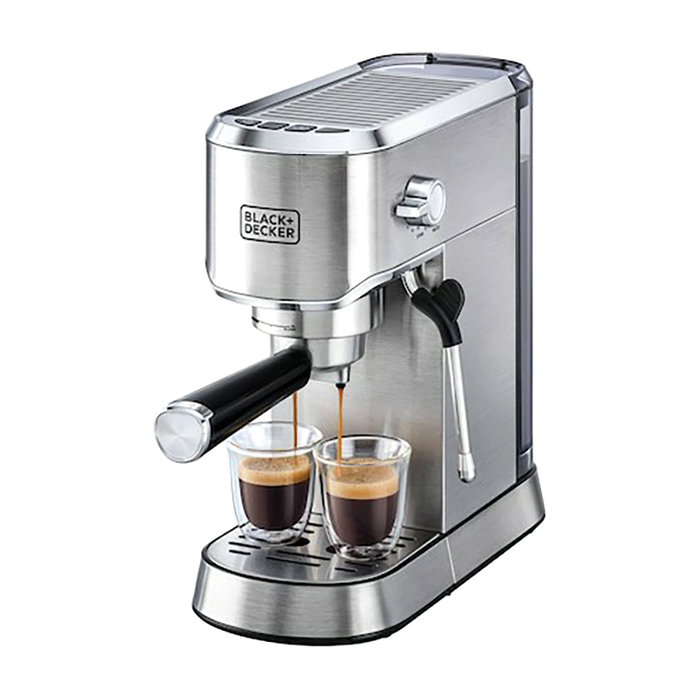 BLACK+DECKER Manual Barista Pump Espresso Coffee Machine, Cappuccino, Latte Macchiato, Milk Frother, 1450W, Silver - ECM150-B5