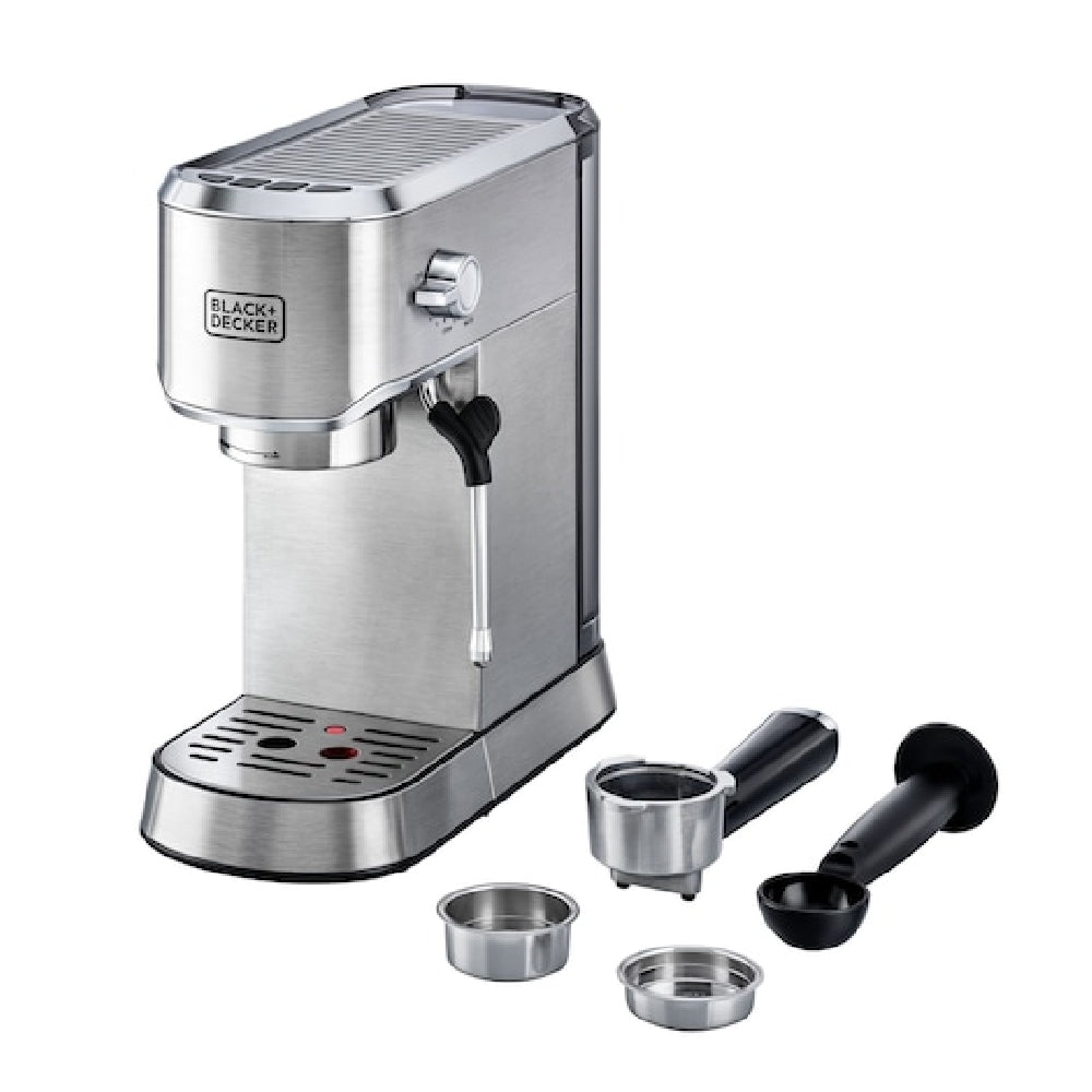 BLACK+DECKER Manual Barista Pump Espresso Coffee Machine, Cappuccino, Latte Macchiato, Milk Frother, 1450W, Silver - ECM150-B5