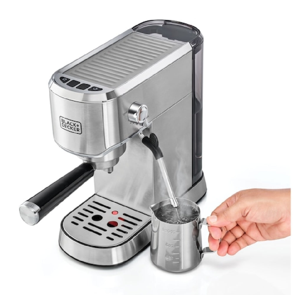 BLACK+DECKER Manual Barista Pump Espresso Coffee Machine, Cappuccino, Latte Macchiato, Milk Frother, 1450W, Silver - ECM150-B5