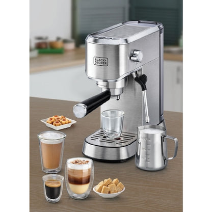 BLACK+DECKER Manual Barista Pump Espresso Coffee Machine, Cappuccino, Latte Macchiato, Milk Frother, 1450W, Silver - ECM150-B5