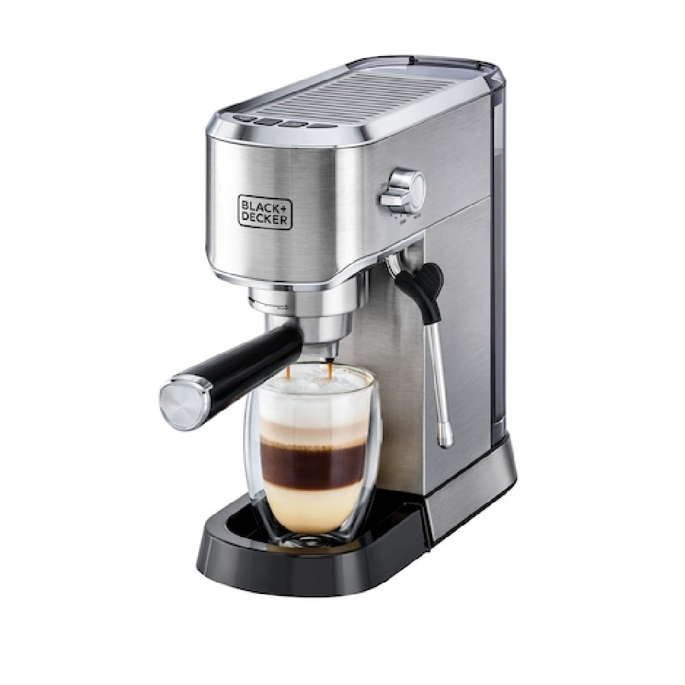 BLACK+DECKER Manual Barista Pump Espresso Coffee Machine, Cappuccino, Latte Macchiato, Milk Frother, 1450W, Silver - ECM150-B5