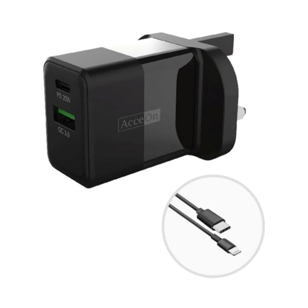 AcceOn Dual Port Wall Charger with USB-C to Lightning Cable 1m Black