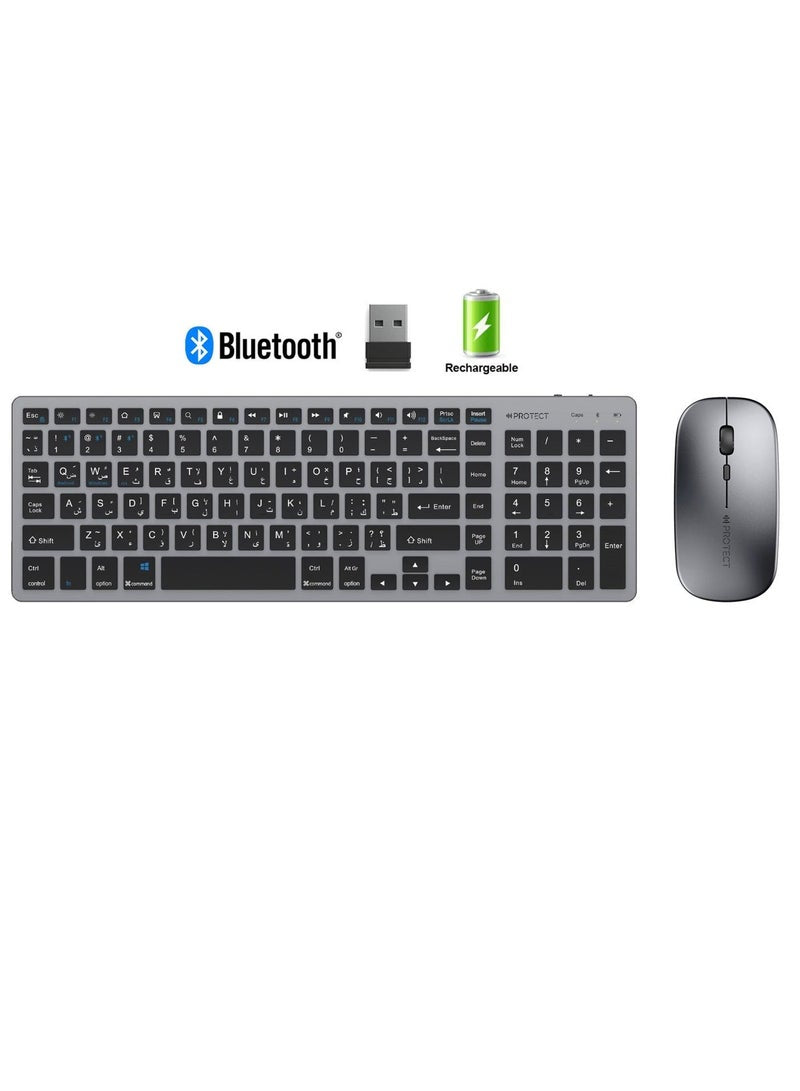 Protect Rechargeable Wireless Bluetooth Keyboard & Mouse Combo, Slim Silent Full Size Multi-Device Set, HTKB333