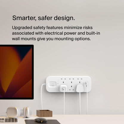 Belkin 6-Outlet Surge Protector Power Strip, Wall-Mountable with 6 AC Outlets, 2M Power Cord, USB-C Port & USB-A Port, White
