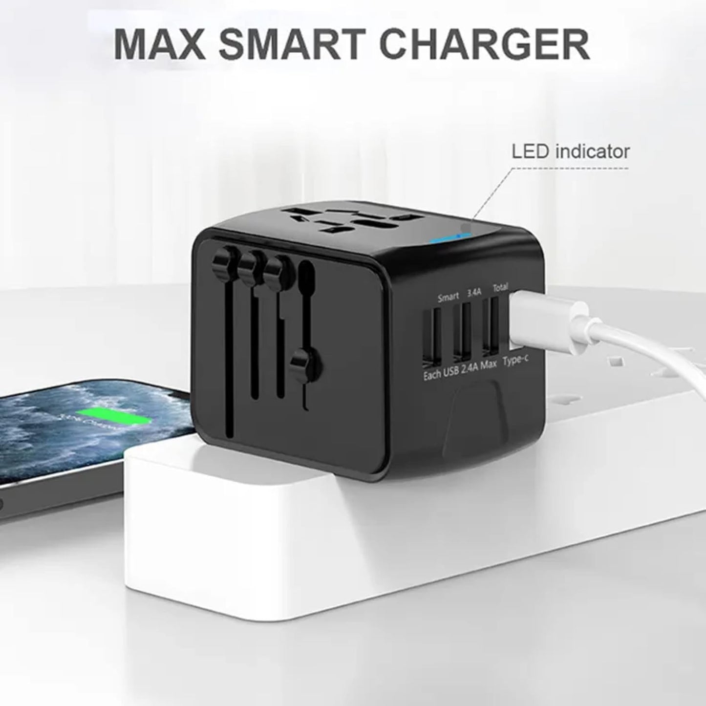 PROTECT  Travel Essential Universal Adapter, 6 A Ceramic Fuse, 1 Type C Output, 3 USB A Output, Black, SL-199-3U-T