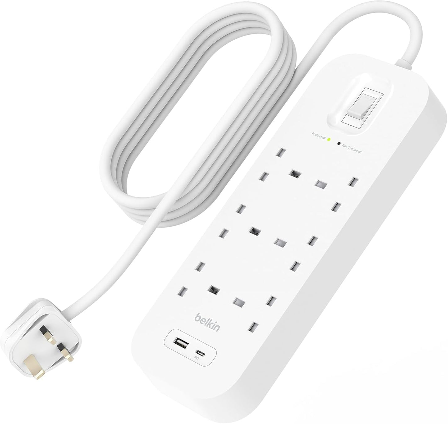 Belkin 6-Outlet Surge Protector Power Strip, Wall-Mountable with 6 AC Outlets, 2M Power Cord, USB-C Port & USB-A Port, White