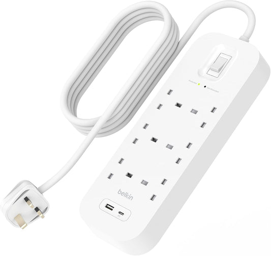 Belkin 6-Outlet Surge Protector Power Strip, Wall-Mountable with 6 AC Outlets, 2M Power Cord, USB-C Port & USB-A Port, White
