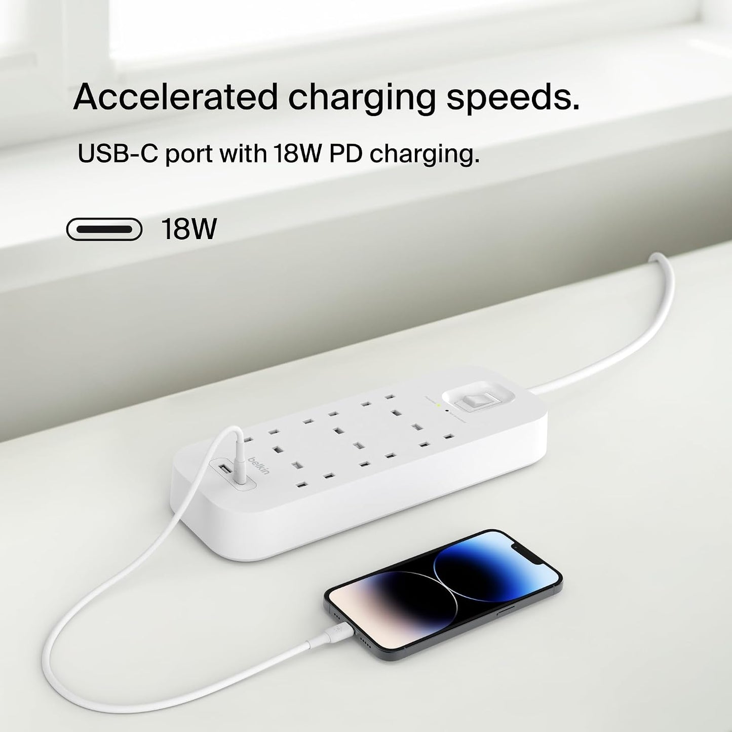 Belkin 6-Outlet Surge Protector Power Strip, Wall-Mountable with 6 AC Outlets, 2M Power Cord, USB-C Port & USB-A Port, White