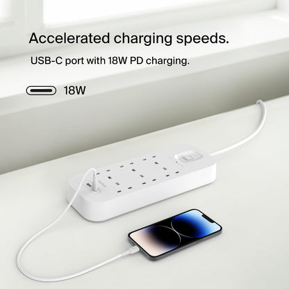 Belkin 6-Outlet Surge Protector Power Strip, Wall-Mountable with 6 AC Outlets, 2M Power Cord, USB-C Port & USB-A Port, White