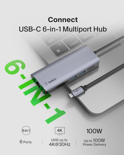 Belkin 6-in-1 USB-C Multiport Hub with HDMI PD 100W – Laptop Dock Adapter