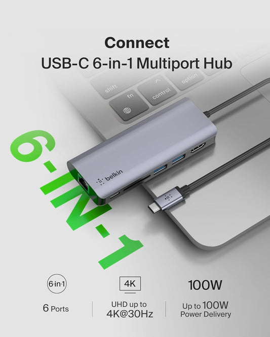 Belkin 6-in-1 USB-C Multiport Hub with HDMI PD 100W – Laptop Dock Adapter