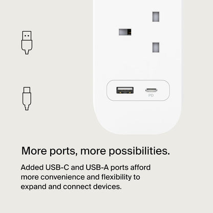 Belkin 4-Outlet Surge Protector Power Strip, Wall-Mountable with 4 AC Outlets, 2M Power Cord, USB-C Port & USB-A White