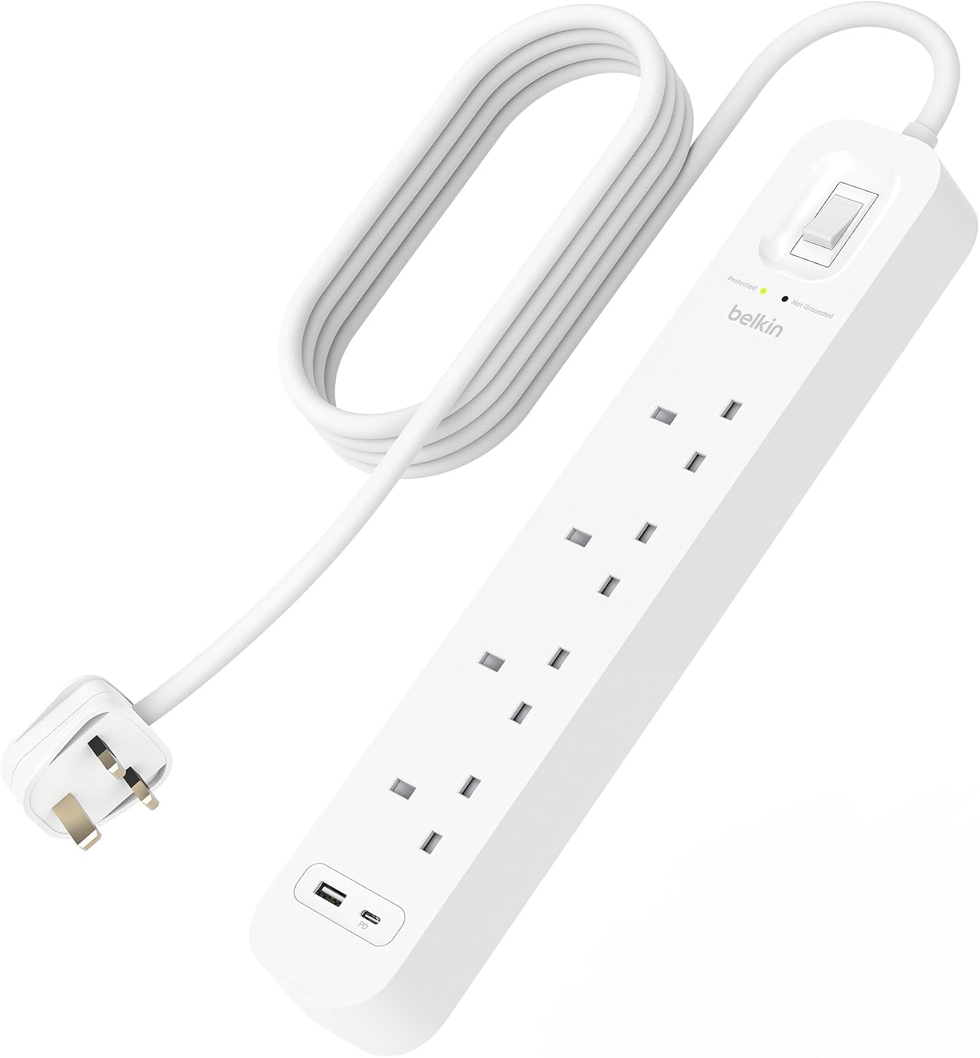 Belkin 4-Outlet Surge Protector Power Strip, Wall-Mountable with 4 AC Outlets, 2M Power Cord, USB-C Port & USB-A White