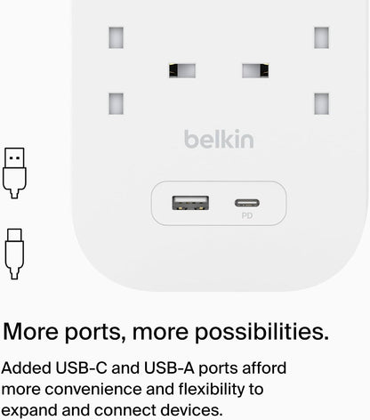 Belkin 6-Outlet Surge Protector Power Strip, Wall-Mountable with 6 AC Outlets, 2M Power Cord, USB-C Port & USB-A Port, White