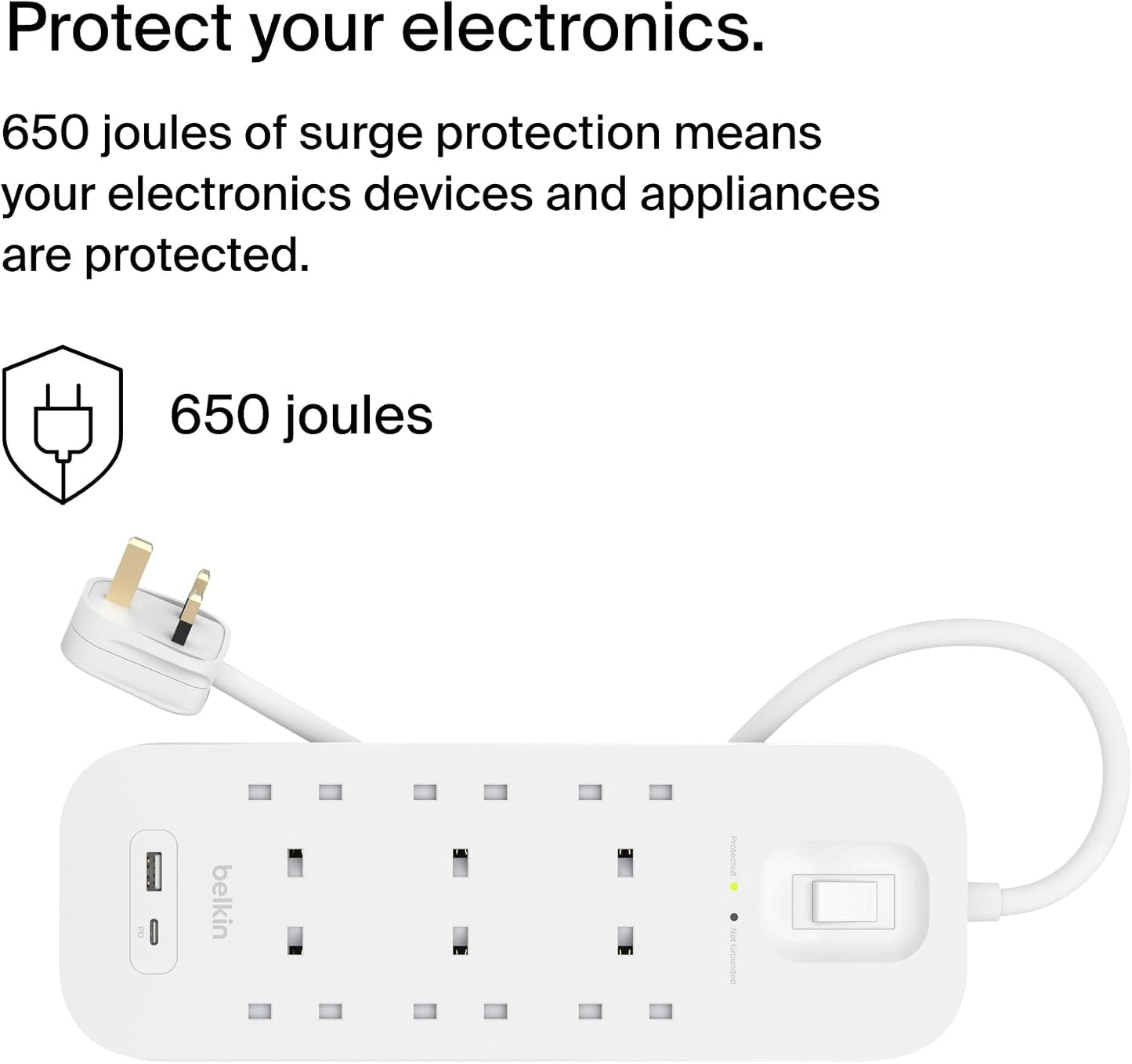 Belkin 6-Outlet Surge Protector Power Strip, Wall-Mountable with 6 AC Outlets, 2M Power Cord, USB-C Port & USB-A Port, White