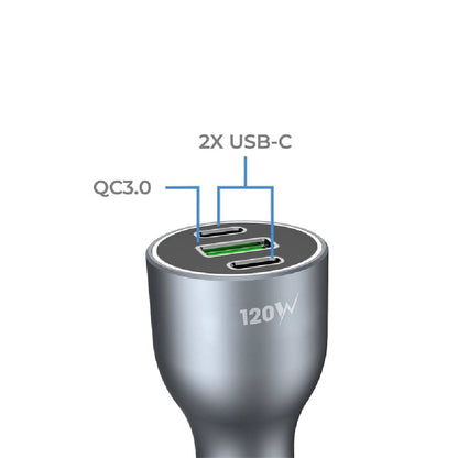 Blupebble NaviPower Fast Car Charger with 3 Ports 120W Grey