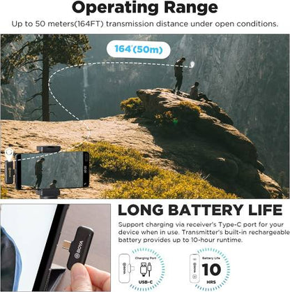 Boya Wireless Dual Channel Microphone, Omnidirectional Built-in Mic, 50m Operating Range, Automatic Pairing, 10 Hour Runtime, Noise Cancellation, USB Type-C Connector, Black, BY-WM3T2-U2