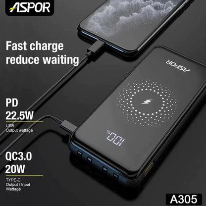 Aspor Quick Charging Wireless Power Bank 10000mAh Black