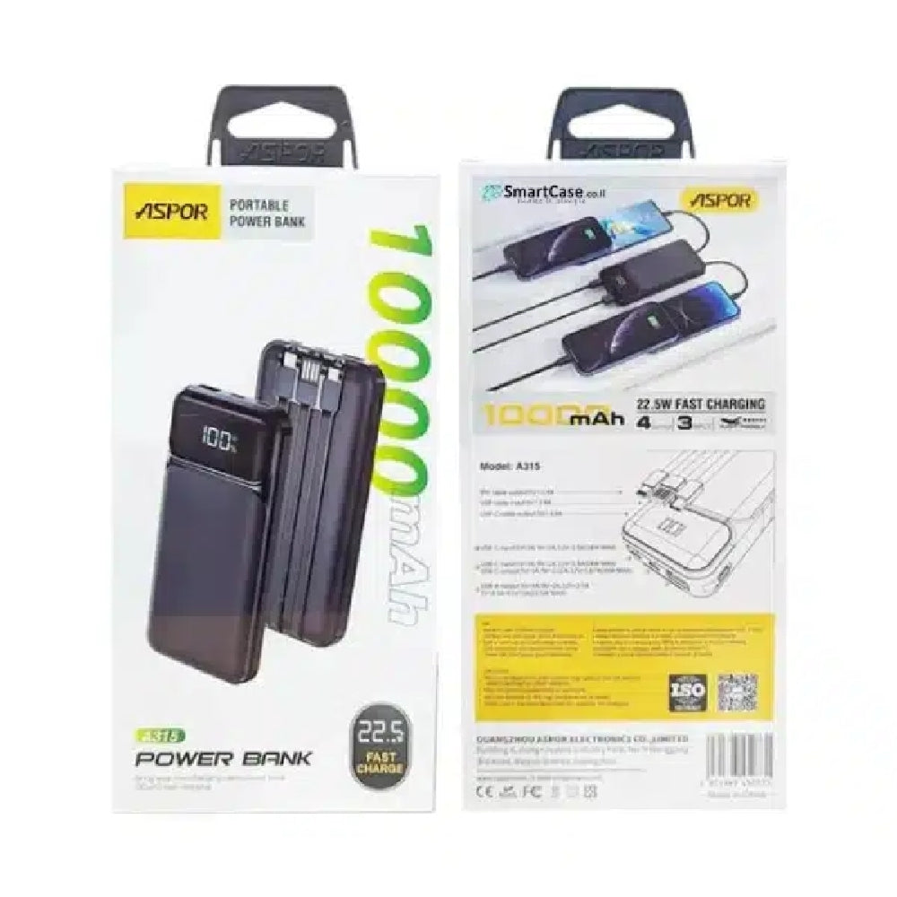 Aspor Power Bank with Built in Cables 10000mAh Black