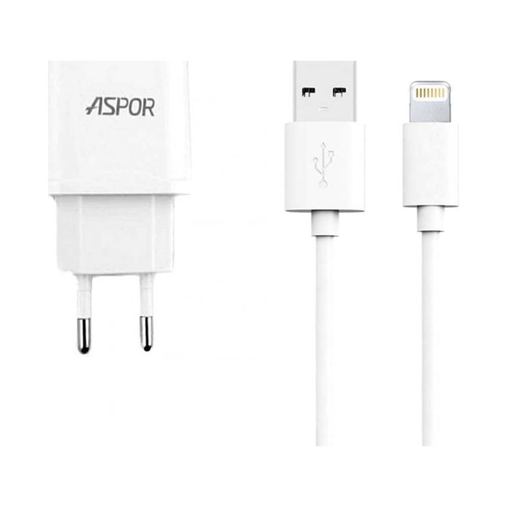 Aspor 2.4A Home Charger With iPhone Cable White