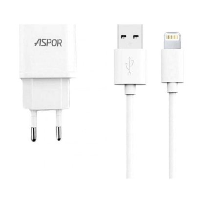 Aspor 2.4A Home Charger With iPhone Cable White