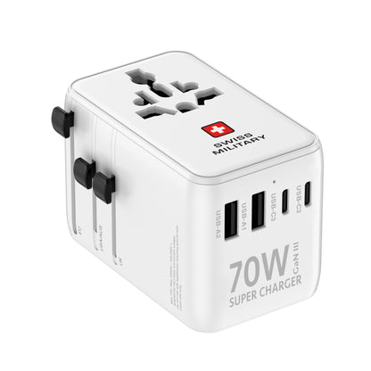 Swiss Military International Travel Adapter 70W GaN Fast Charger with Built-in Cable White