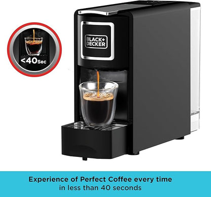 BLACK+DECKER Capsule Coffee Machine, Compatible with Espresso Coffee Capsules, Espresso and Lungo Option, Compact Design, One-Touch Control, 1140W, Black- CCM100-B5