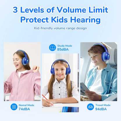 EarFun K4 Kids Bluetooth Headphones, Wireless Headphones with LED Lights, 74/85/94dBA Volume Limited, Built-in Mic, 90H Playtime, Bluetooth 5.4 Over Ear Headphones for iPad/Tablet/PC/Travel/School