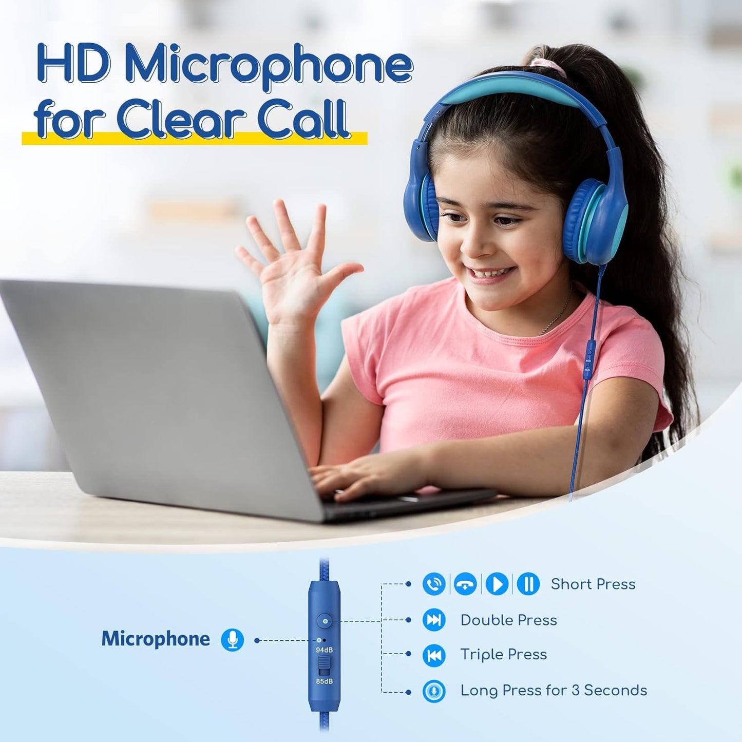 EarFun K2 Kids Bluetooth Headphones, Kids Headphones with Volume Limited, 40H Playtime, Bluetooth 5.0 Headphones with Mic, Stereo Sound, Foldable Over-Ear Headphones for Kids/School/Travel/iPad/Tablet