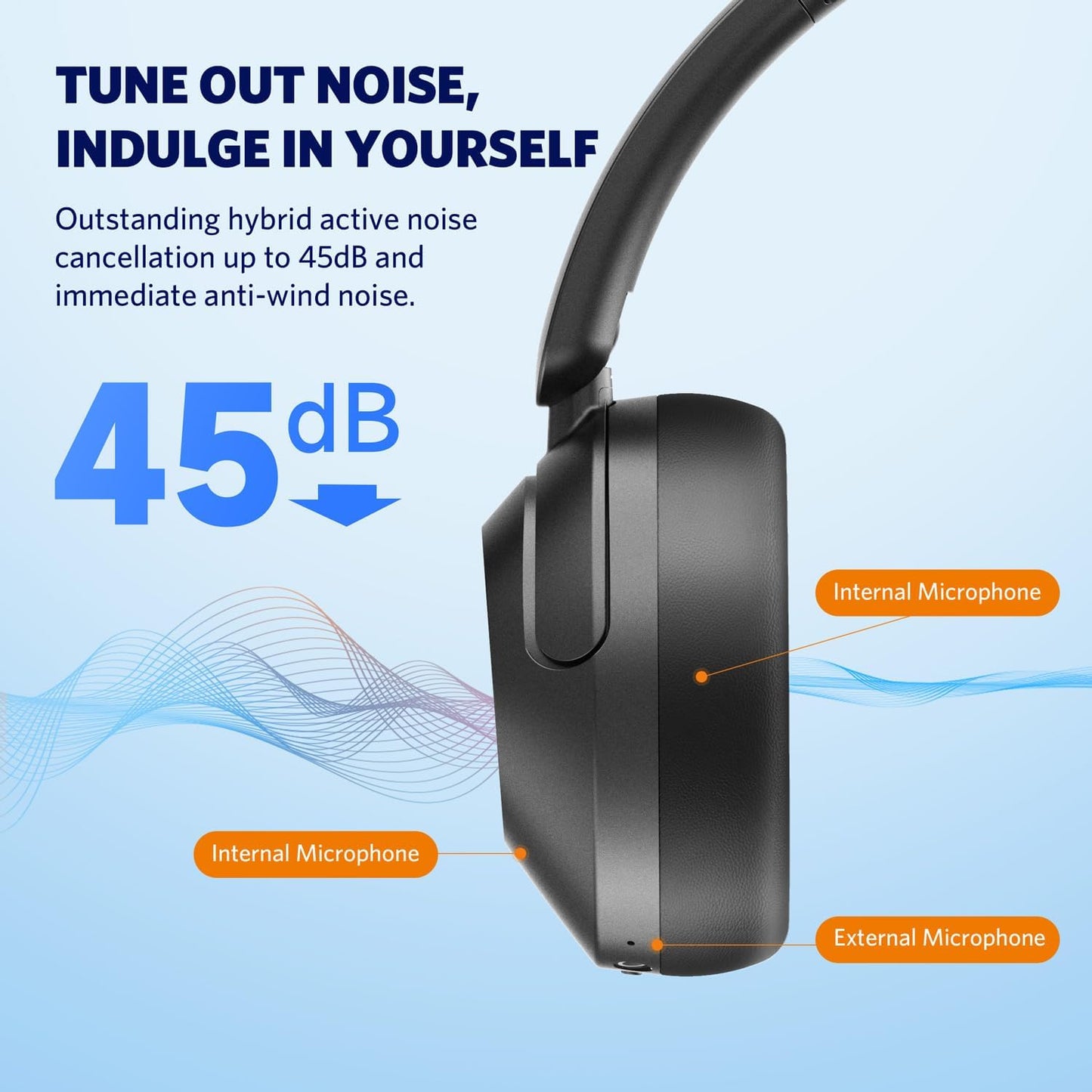EarFun Tune Pro Active Noise Canceling Headphones, Wireless Bluetooth Headphones with 5 Mics,120H Playtime, Hi-Res Audio, Custom EQ via App, Comfortable Fit, Bluetooth 5.4, Multipoint Connection