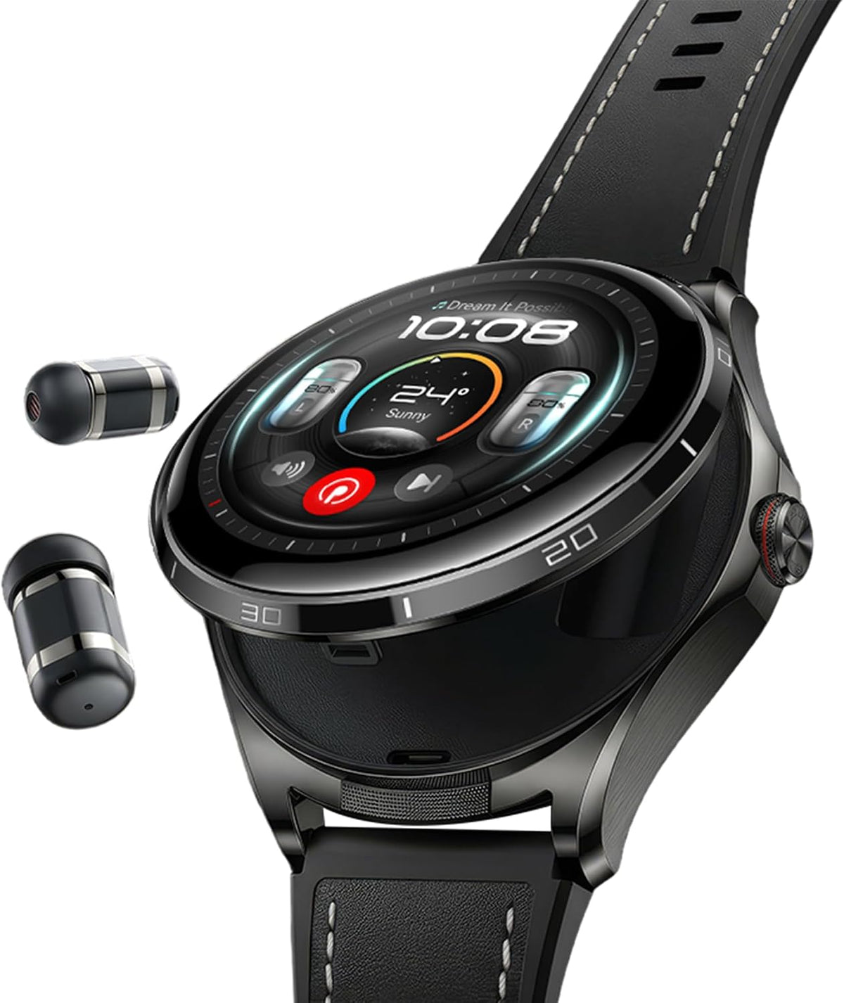 Huawei Watch Buds 2 — 1.5" 3000nit AMOLED, 2-in-1 Watch & Earbuds, Titanium, Black Fluoro & Leather