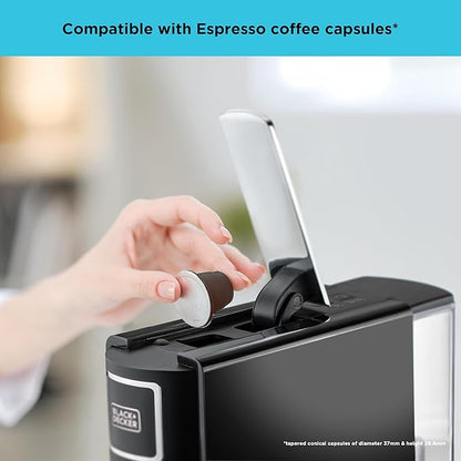 BLACK+DECKER Capsule Coffee Machine, Compatible with Espresso Coffee Capsules, Espresso and Lungo Option, Compact Design, One-Touch Control, 1140W, Black- CCM100-B5
