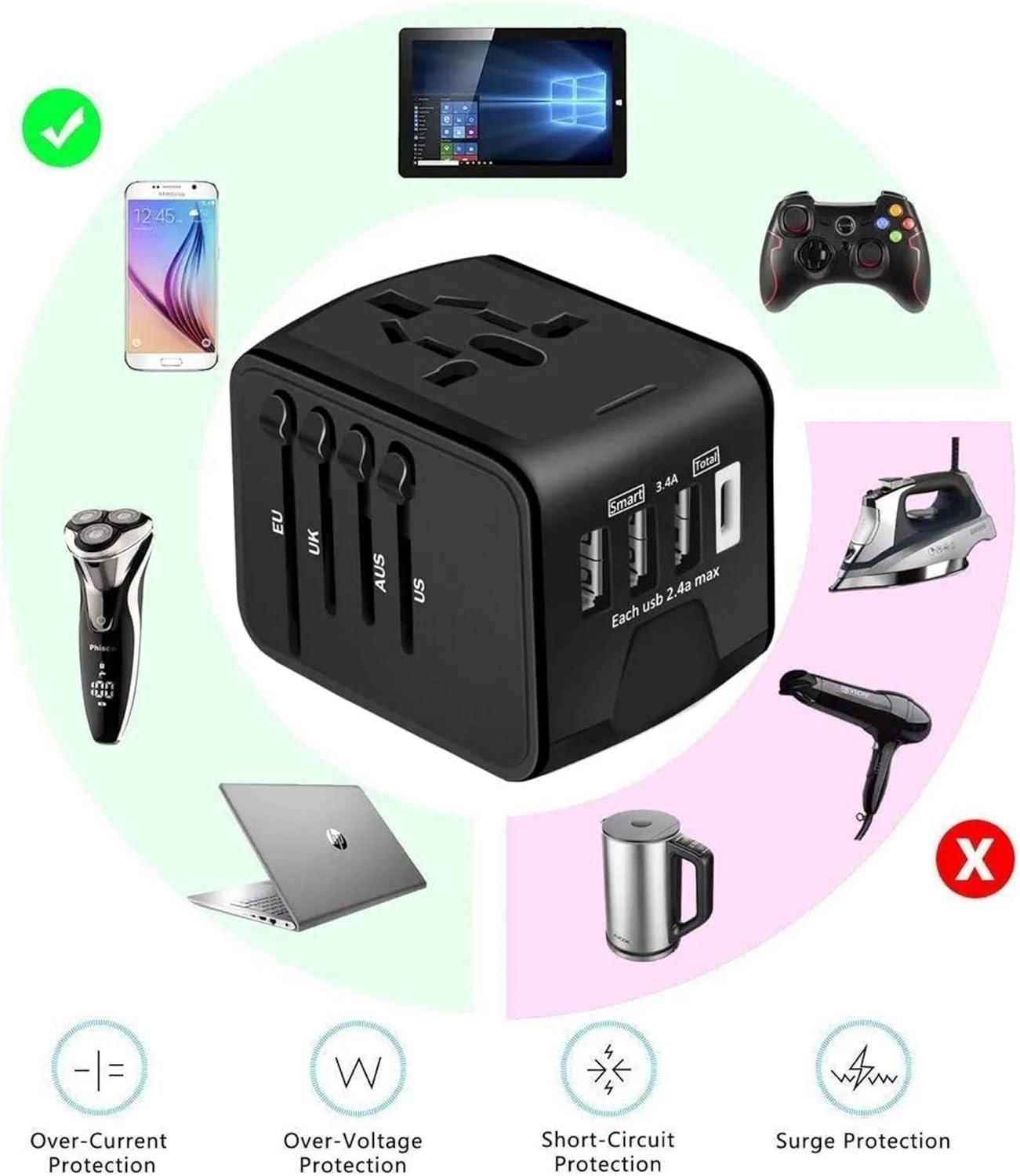 PROTECT  Travel Essential Universal Adapter, 6 A Ceramic Fuse, 1 Type C Output, 3 USB A Output, Black, SL-199-3U-T