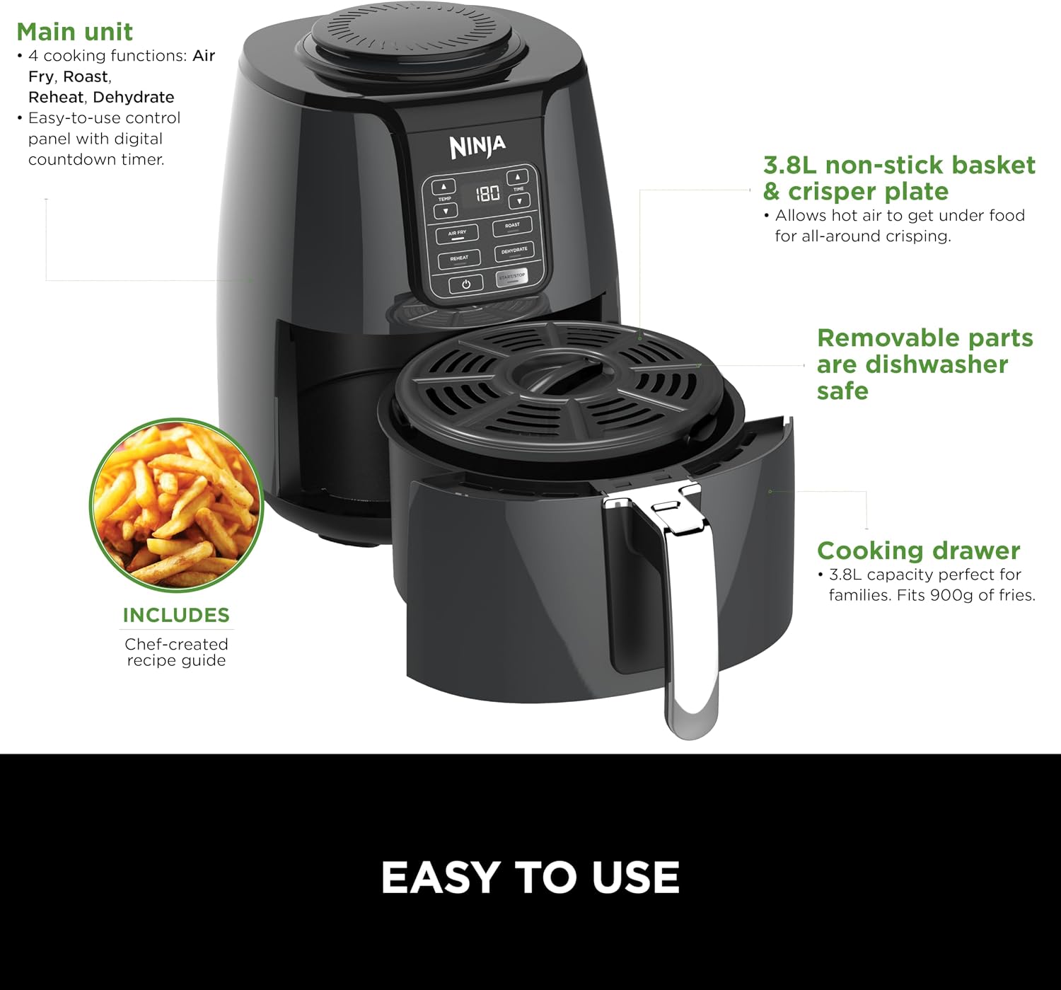 Ninja AF100ME Air Fryer - 4 Cooking Functions Display