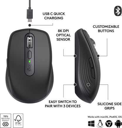 Logitech MX Anywhere 3S Compact Wireless Mouse Graphite