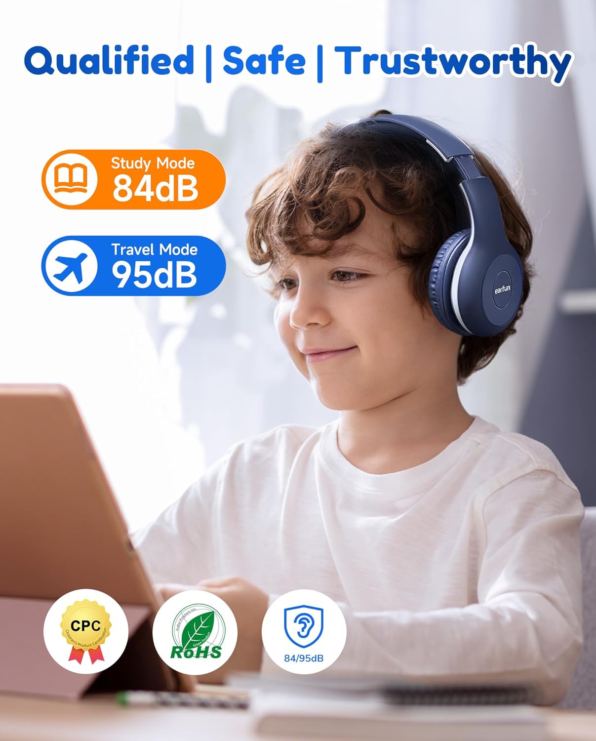 EarFun K2 Kids Bluetooth Headphones, Kids Headphones with Volume Limited, 40H Playtime, Bluetooth 5.0 Headphones with Mic, Stereo Sound, Foldable Over-Ear Headphones for Kids/School/Travel/iPad/Tablet