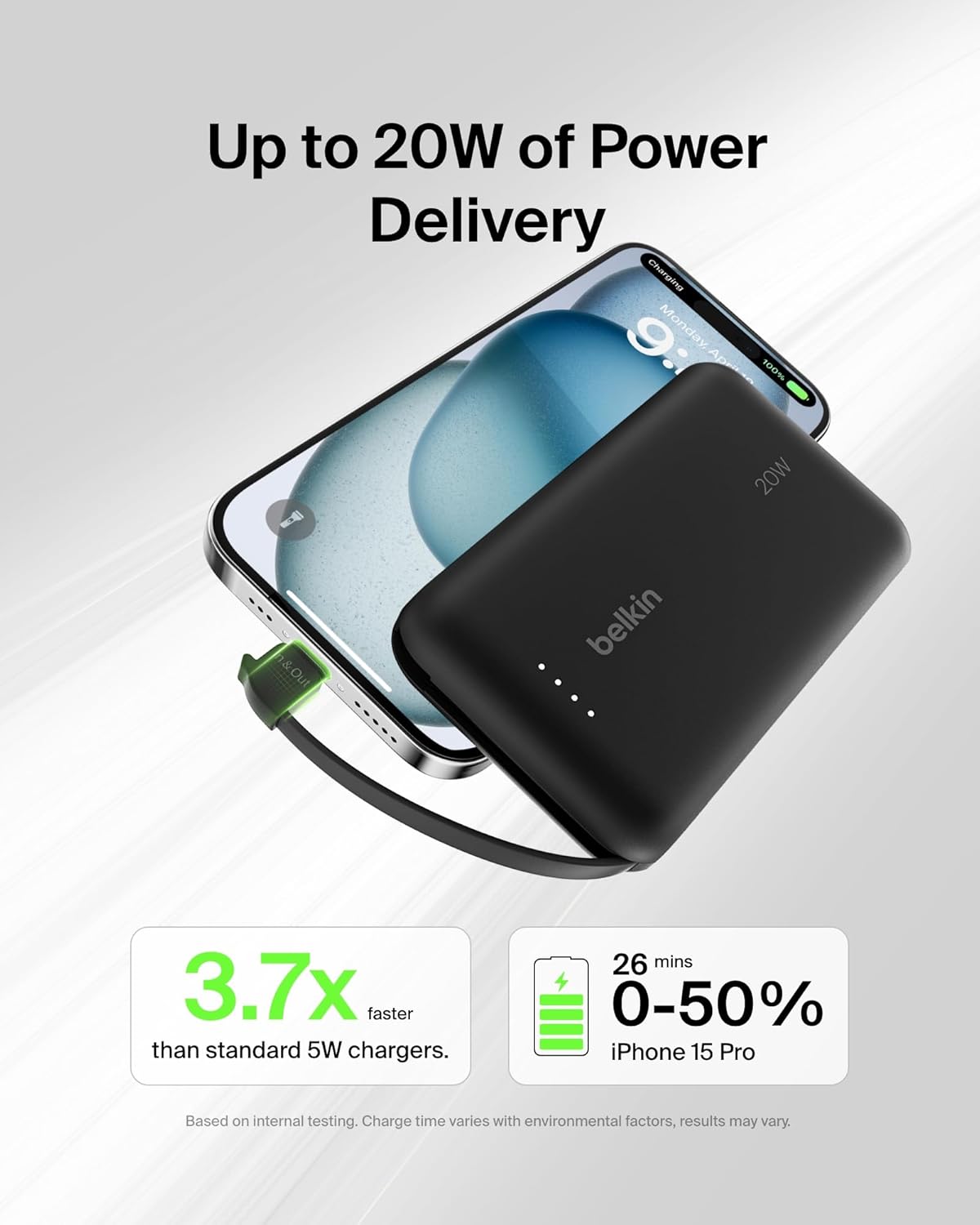Belkin 10000mAh Power Bank PD 20W with Built-in USB-C Cable – Black