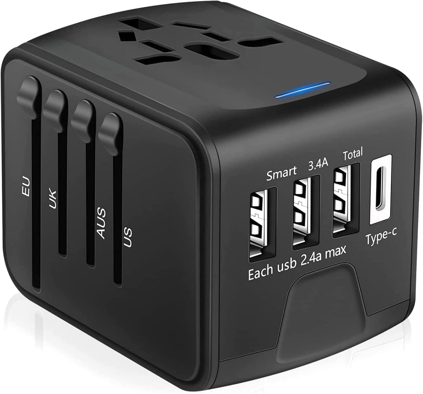 PROTECT  Travel Essential Universal Adapter, 6 A Ceramic Fuse, 1 Type C Output, 3 USB A Output, Black, SL-199-3U-T