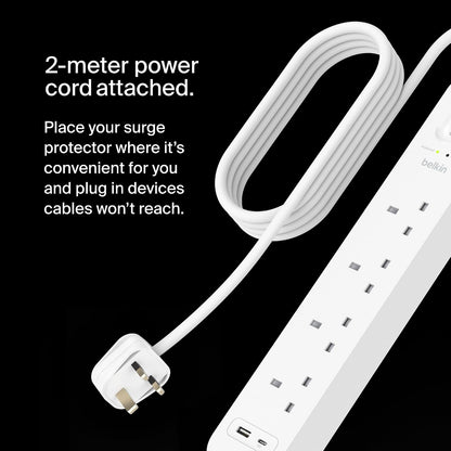 Belkin 4-Outlet Surge Protector Power Strip, Wall-Mountable with 4 AC Outlets, 2M Power Cord, USB-C Port & USB-A White