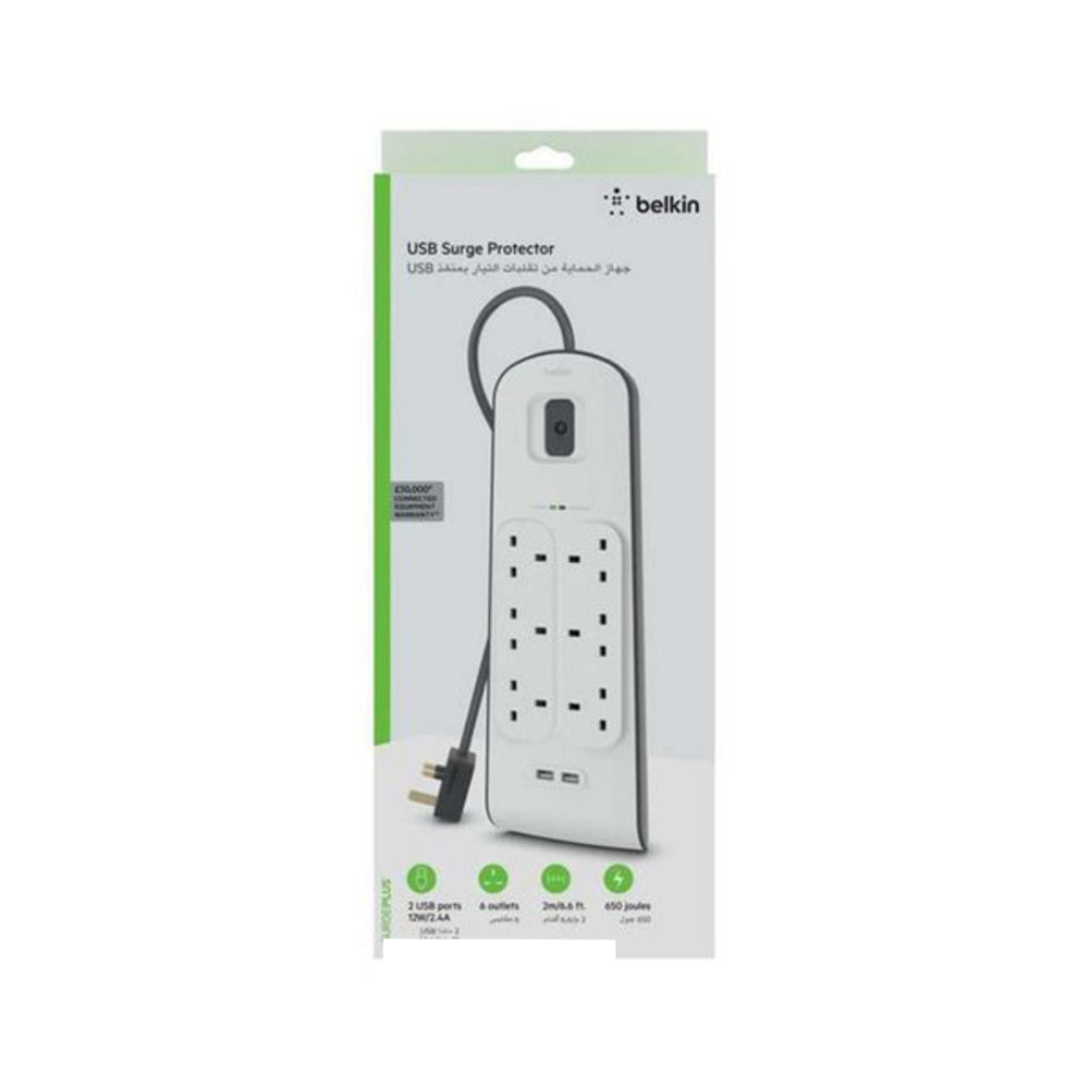 Belkin 6 Way Surge Protection Strip With 2 USB Charging White