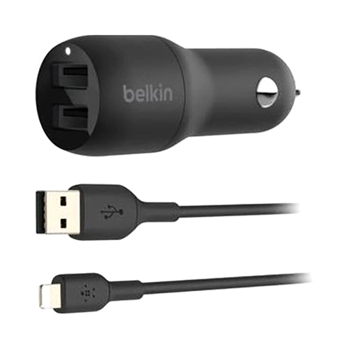 Belkin Boost Charge Dual USB Type-A Car Charger With Lightning Cable Black