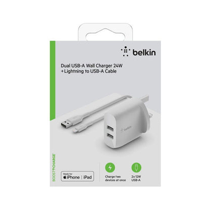 Belkin Boost Charge Dual USB-A Wall Charger With Lightning To USB-A Cable White