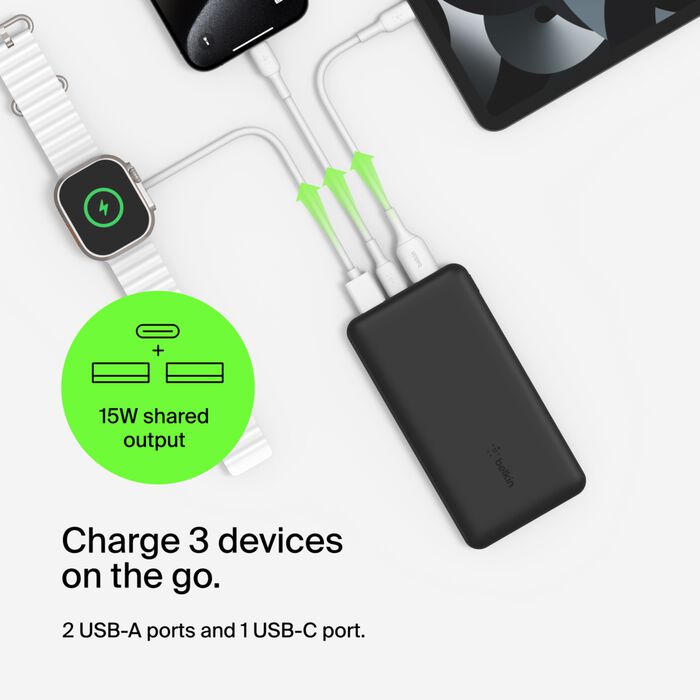 Belkin 20000mAh Power Bank 3-Port Portable Charger 15W – Black